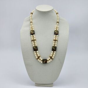 Japan Faux Pearl Black Floral Painted Lacquered Square Bead 28" Strand Necklace
